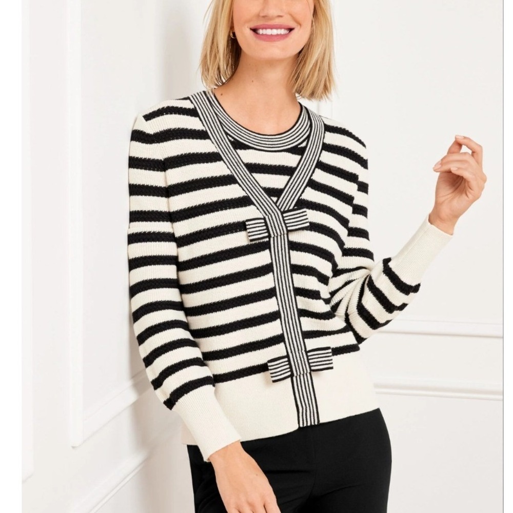 Talbots Womens XL Striped Bow Accent Snap Front Cardigan Sweater Black White